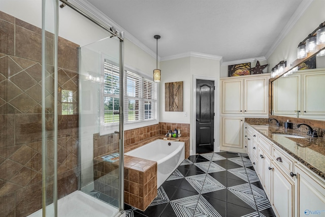 1635 County Road 47, Fyffe, AL 35971 - full bathroom featuring a stall shower, tile patterned floors, a garden tub, ornamental molding, and vanity