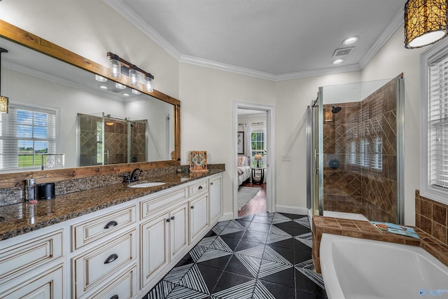 1635 County Road 47, Fyffe, AL 35971 - ensuite bathroom featuring a shower stall, tile patterned floors, recessed lighting, ornamental molding, and vanity