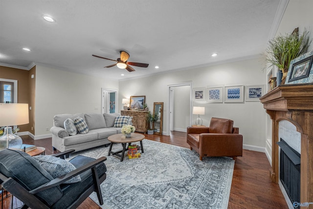 1635 County Road 47, Fyffe, AL 35971 - living area with a fireplace, ceiling fan, recessed lighting, baseboards, and crown molding