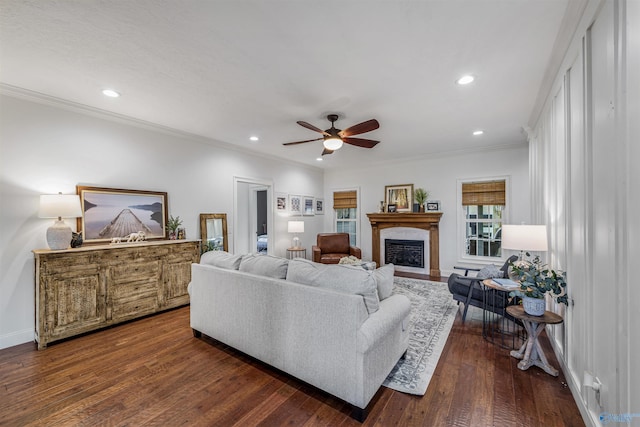 1635 County Road 47, Fyffe, AL 35971 - living room featuring a fireplace with flush hearth, dark wood-type flooring, a ceiling fan, recessed lighting, and ornamental molding