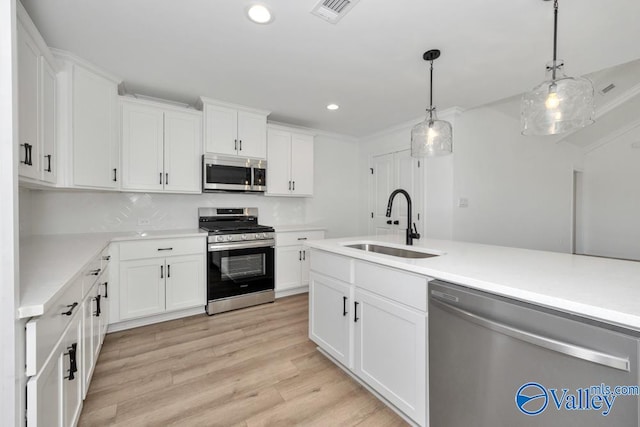 kitchen with stainless steel appliances, sink, and white cabinets