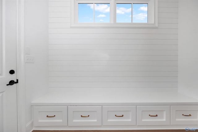 mudroom featuring wooden walls