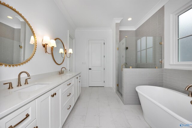 bathroom featuring vanity, separate shower and tub, and crown molding