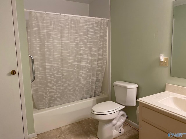 full bath with toilet, vanity, and shower / tub combo with curtain