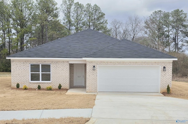 ranch-style home featuring brick siding, concrete driveway, a shingled roof, and a garage