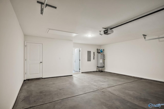 garage featuring electric panel, baseboards, a garage door opener, and water heater