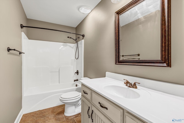 full bathroom with shower / bathtub combination, vanity, toilet, and tile patterned floors