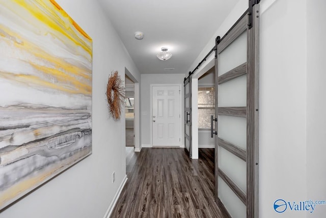 hallway with a barn door and dark wood-type flooring