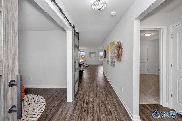 hall featuring dark hardwood / wood-style flooring and a barn door