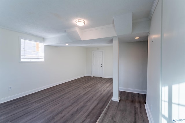 basement featuring crown molding and dark hardwood / wood-style floors