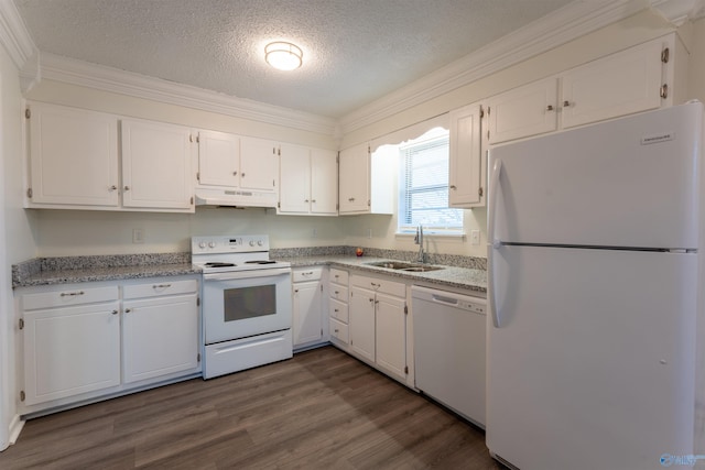 kitchen featuring sink, white appliances, white cabinetry, and a textured ceiling