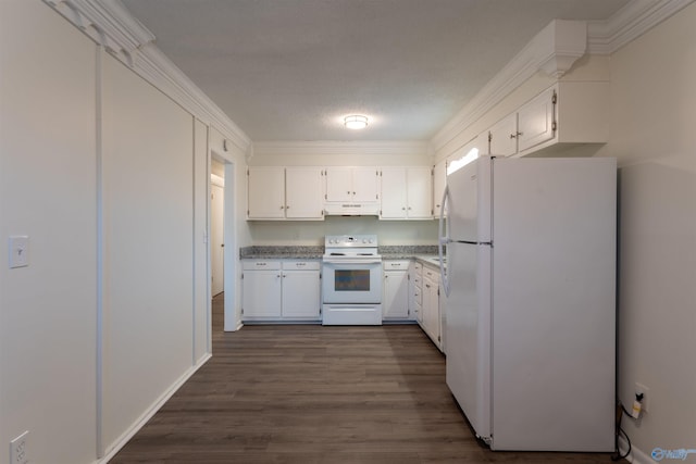 kitchen featuring white appliances, a textured ceiling, white cabinetry, dark hardwood / wood-style floors, and crown molding