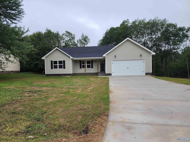 single story home with a garage and a front yard