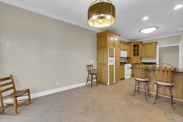 kitchen featuring kitchen peninsula, a breakfast bar, white appliances, crown molding, and light tile patterned floors