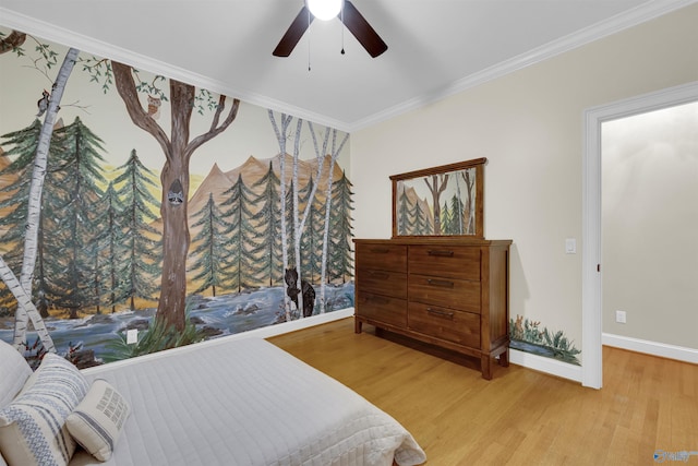 bedroom featuring wood-type flooring, ceiling fan, and crown molding