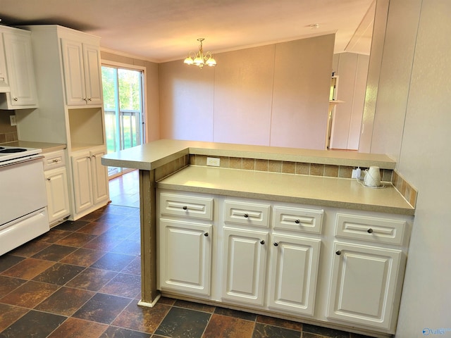 kitchen featuring white cabinets, white electric stove, decorative light fixtures, a notable chandelier, and kitchen peninsula