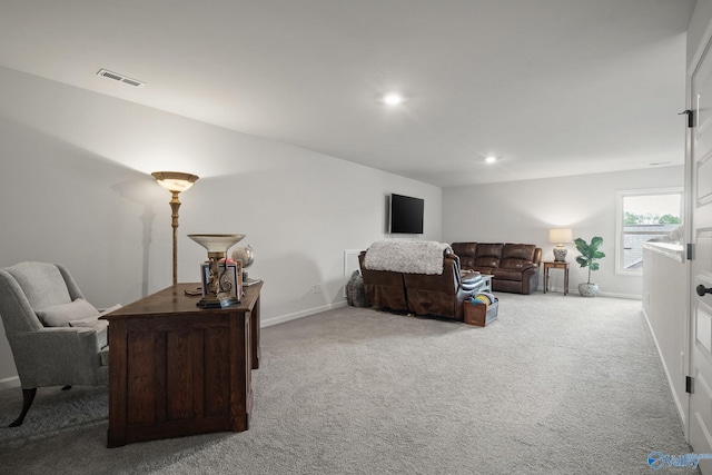 carpeted bedroom featuring visible vents, recessed lighting, and baseboards