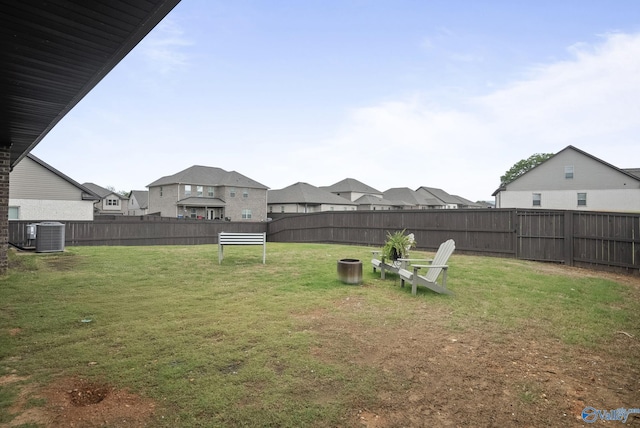 view of yard featuring central AC, a fenced backyard, and a residential view