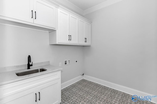 washroom with sink, cabinets, ornamental molding, hookup for a washing machine, and electric dryer hookup