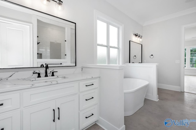 bathroom with plus walk in shower, concrete floors, crown molding, and vanity