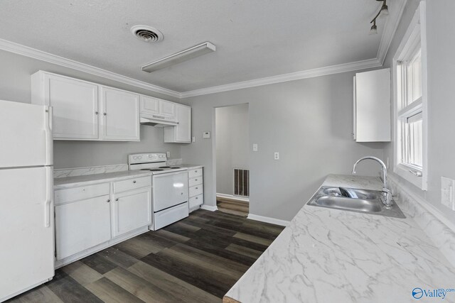 kitchen with white appliances, sink, white cabinets, crown molding, and dark hardwood / wood-style floors