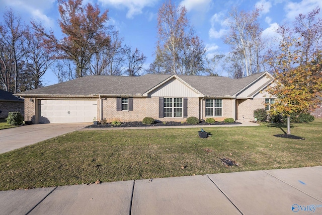 single story home with a front yard and a garage