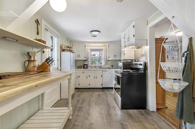 1213 Humes Ave NE, Huntsville, AL 35801 - kitchen featuring white appliances, a sink, open shelves, light countertops, and light wood-type flooring