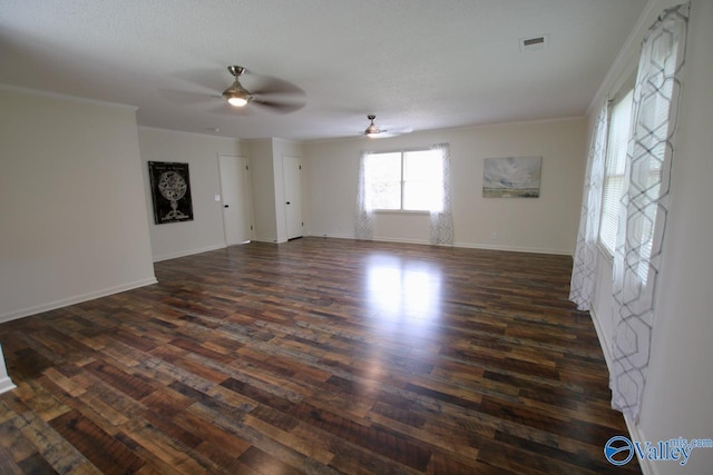 2520 Excalibur Dr SE, Huntsville, AL 35803 - unfurnished living room featuring ceiling fan, dark wood-style flooring, ornamental molding, and baseboards