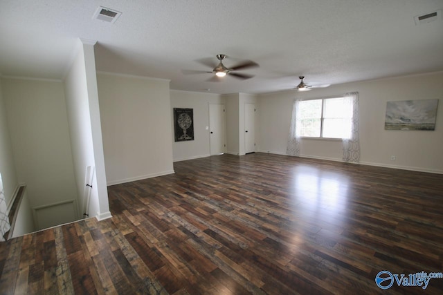 2520 Excalibur Dr SE, Huntsville, AL 35803 - unfurnished living room with dark wood finished floors, a ceiling fan, crown molding, and baseboards