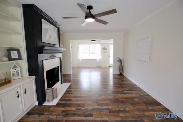 2520 Excalibur Dr SE, Huntsville, AL 35803 - unfurnished living room featuring a fireplace, a ceiling fan, ornamental molding, dark wood-style flooring, and baseboards