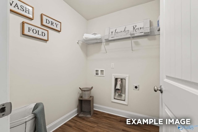 laundry room with washer hookup, laundry area, electric dryer hookup, baseboards, and dark wood-style floors