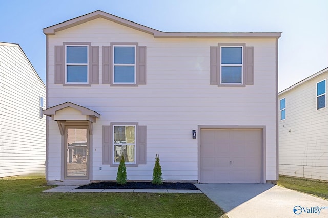 view of front of property featuring a garage, concrete driveway, and a front lawn