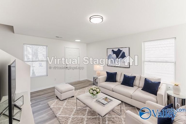 living area with a wealth of natural light, baseboards, and wood finished floors