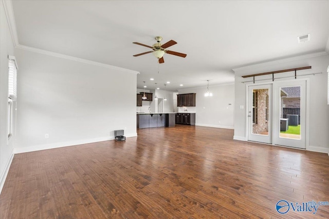 107 Duchess Dr, Madison, AL 35758 - unfurnished living room with a ceiling fan, ornamental molding, dark wood-style flooring, and recessed lighting