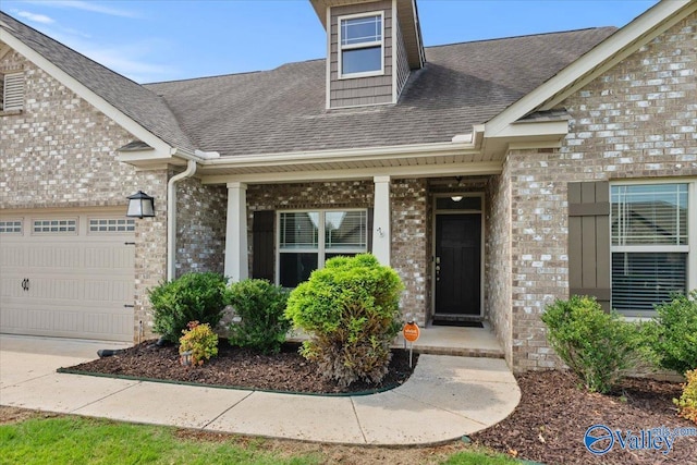 107 Duchess Dr, Madison, AL 35758 - view of exterior entry featuring a garage, roof with shingles, a porch, and brick siding