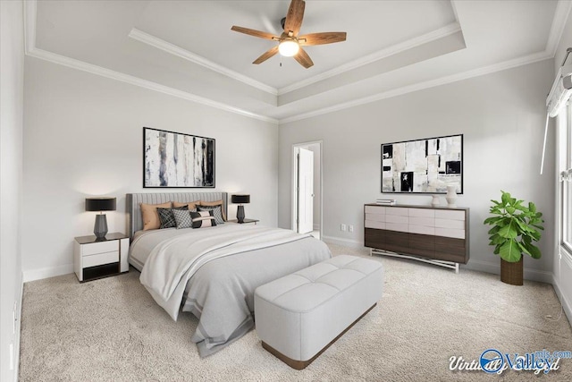 107 Duchess Dr, Madison, AL 35758 - bedroom featuring a tray ceiling, light carpet, crown molding, and ceiling fan