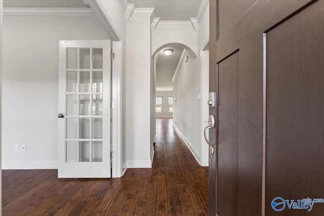 107 Duchess Dr, Madison, AL 35758 - hall with arched walkways, ornamental molding, and dark wood-type flooring