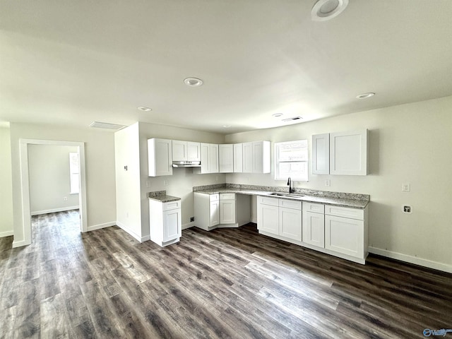 42 Wilkinson Ave E, Gadsden, AL 35904 - kitchen featuring dark wood finished floors, baseboards, a sink, white cabinets, and recessed lighting