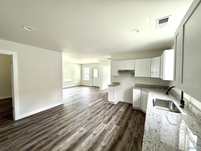 42 Wilkinson Ave E, Gadsden, AL 35904 - kitchen featuring a sink, light stone counters, dark wood-type flooring, baseboards, and white cabinetry