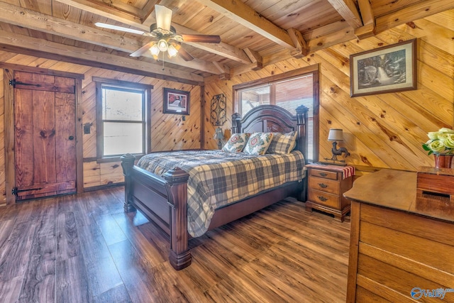 bedroom with wooden ceiling, multiple windows, beamed ceiling, and wooden walls