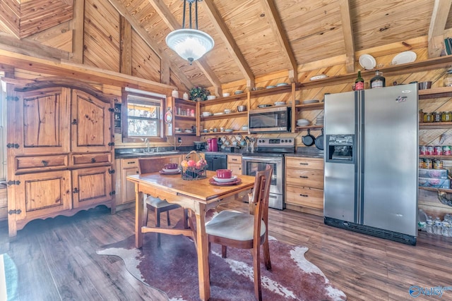 kitchen featuring beam ceiling, dark wood-type flooring, wooden walls, and stainless steel appliances