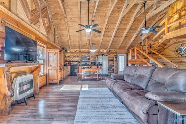 living room featuring wooden walls, wooden ceiling, dark hardwood / wood-style floors, heating unit, and lofted ceiling with beams