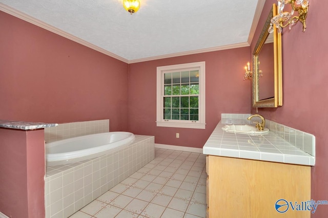 full bathroom featuring vanity, baseboards, crown molding, a bath, and tile patterned floors