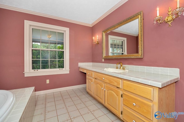 bathroom with tiled bath, baseboards, ornamental molding, tile patterned floors, and vanity