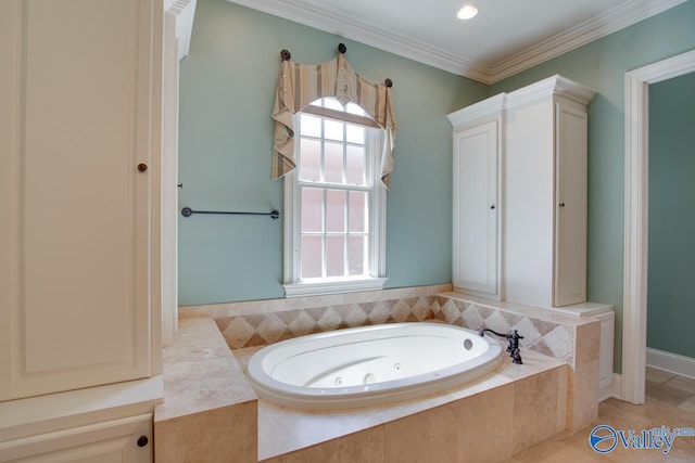 full bath with a tub with jets, crown molding, a healthy amount of sunlight, and recessed lighting