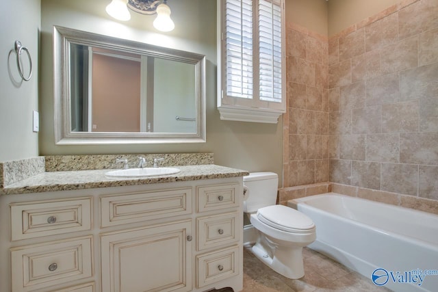 bathroom with tile patterned floors, toilet, tub / shower combination, and vanity