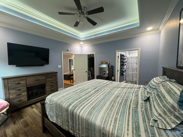 bedroom with ensuite bath, a spacious closet, ceiling fan, dark hardwood / wood-style flooring, and a closet