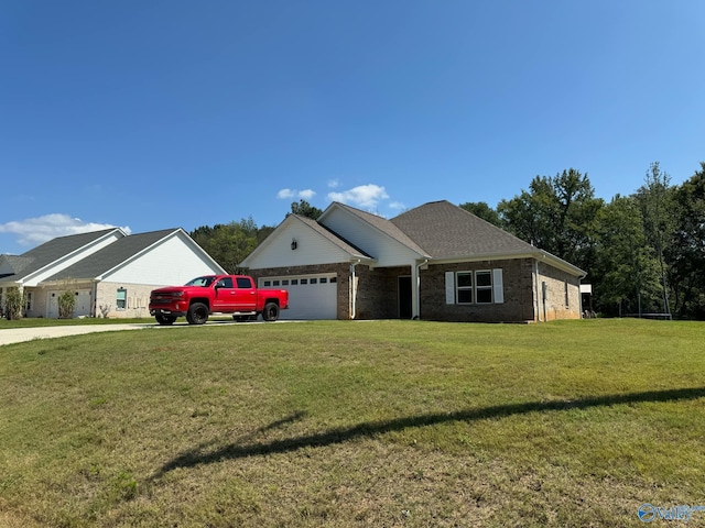 ranch-style home featuring a garage and a front lawn