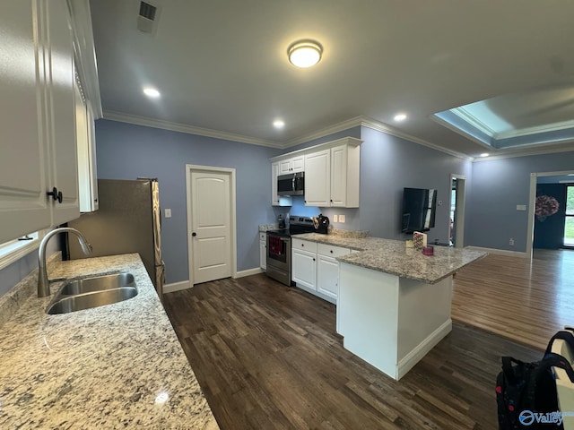 kitchen featuring dark wood-type flooring, white cabinetry, sink, and stainless steel appliances