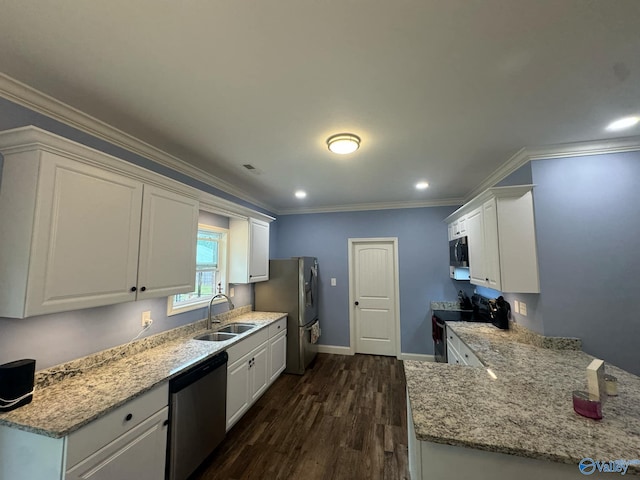 kitchen featuring white cabinetry, sink, stainless steel appliances, dark hardwood / wood-style floors, and ornamental molding